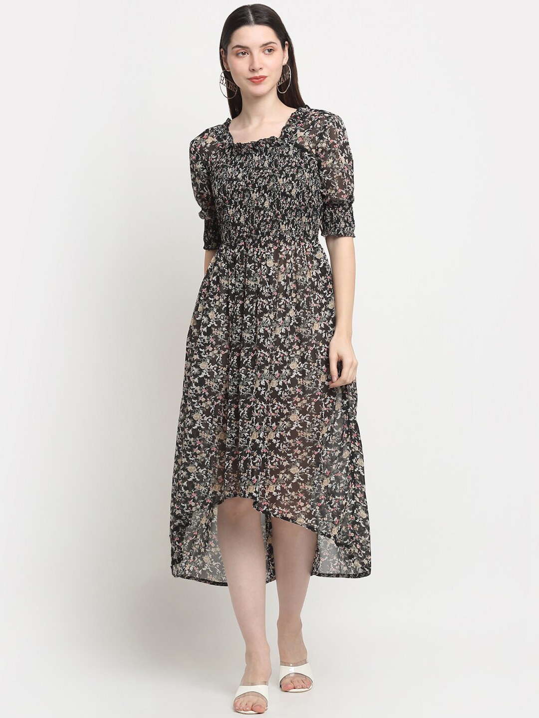 

KALINI Floral Printed Square Neck Puff Sleeves Fit & Flare Dress, Black