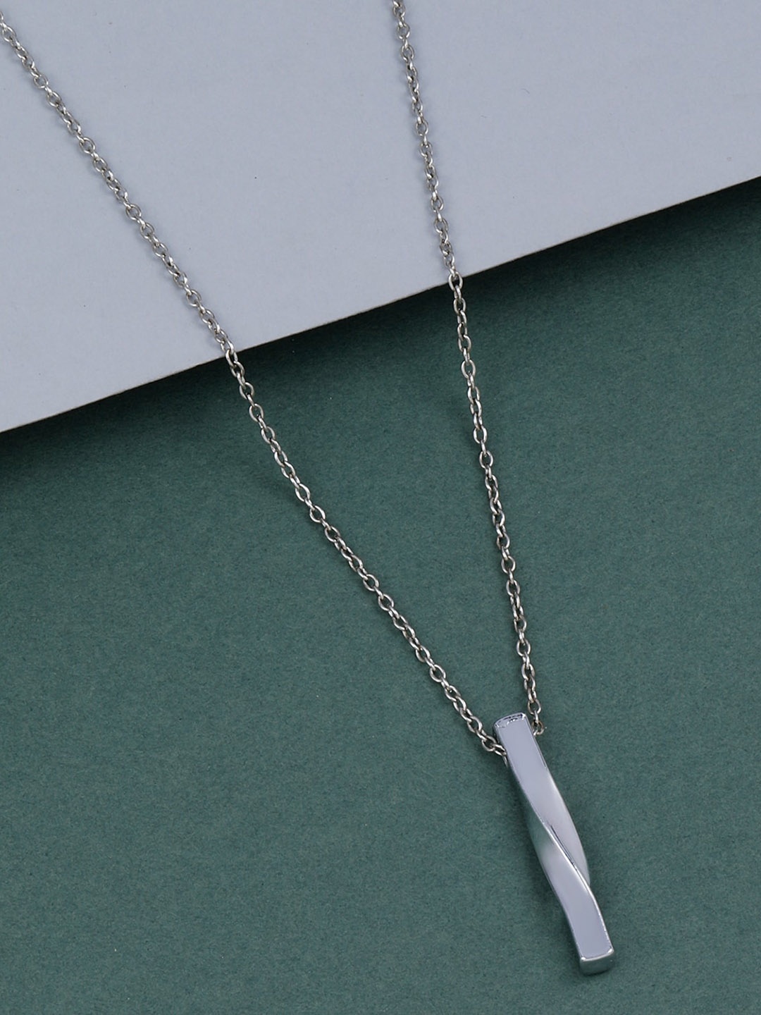 

Silver Shine Silver-Plated Spiral Long Rectangular & Twisted Bar Pendant With Chain