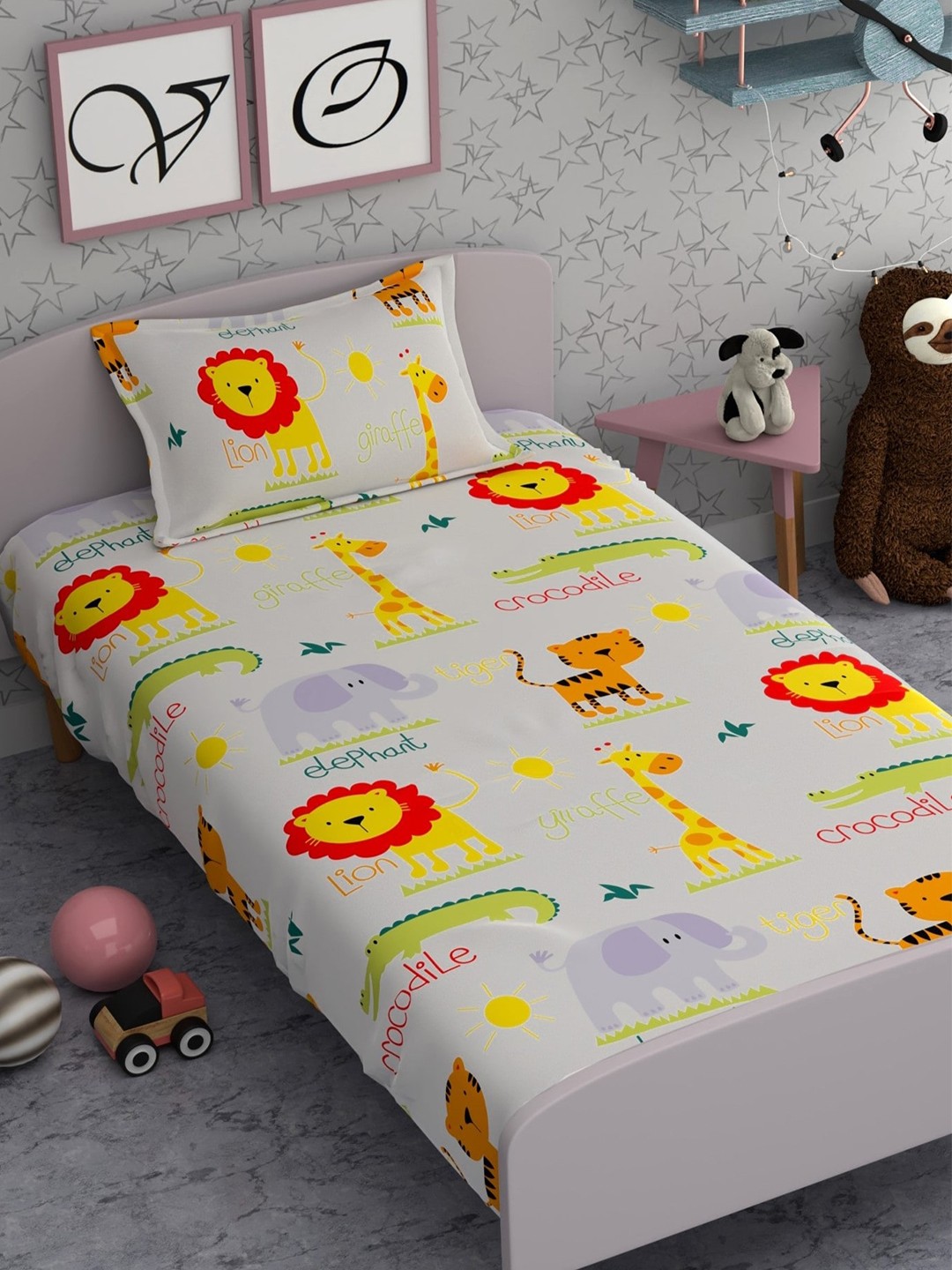 

CHHAVI INDIA Grey & Red Cartoon Characters 210 TC Single Bedsheet & Pillow Cover