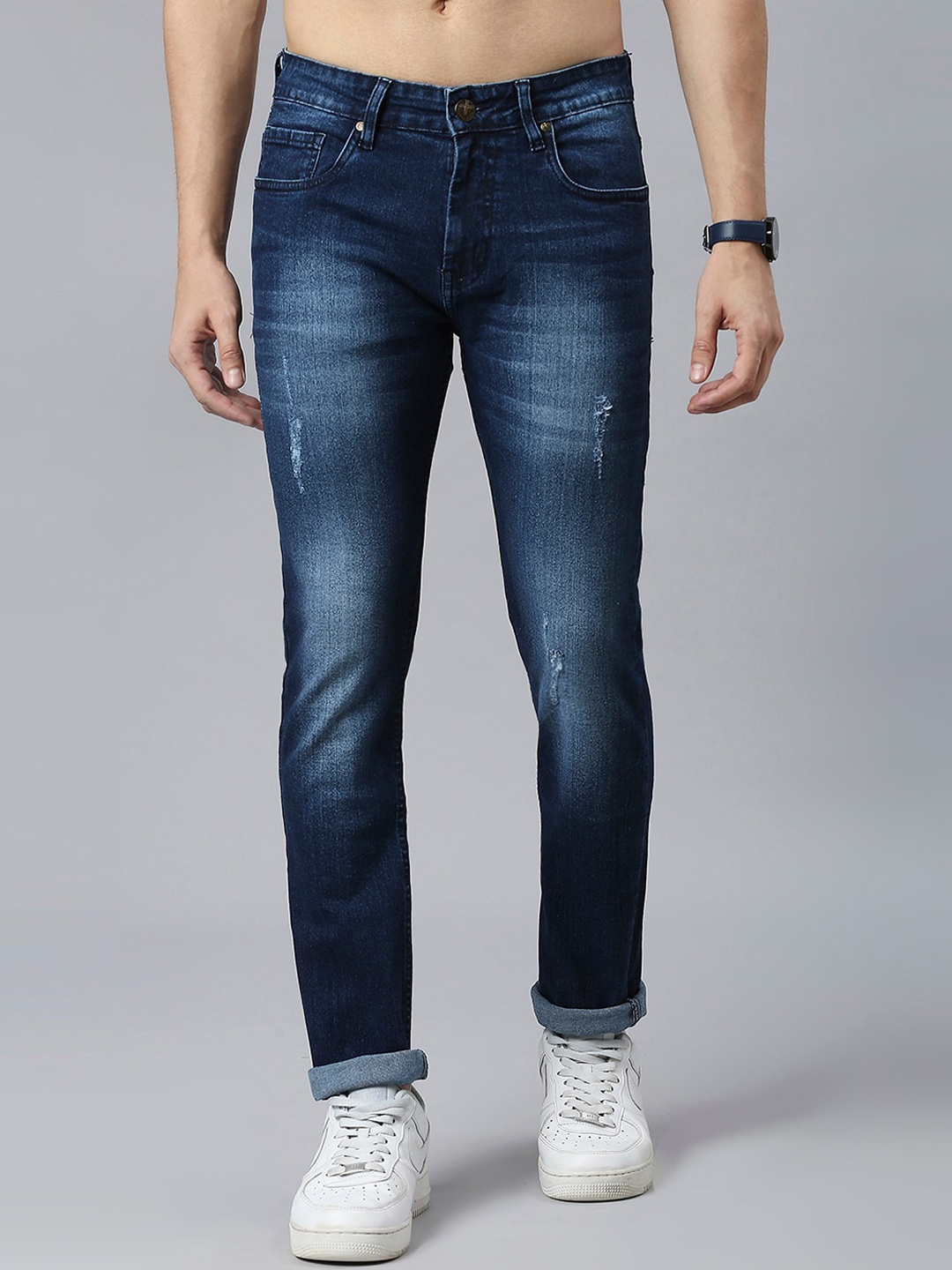 

Thomas Scott Men Mid-Rise Classic Slim Fit Low Distress Heavy Fade Stretchable Jeans, Navy blue