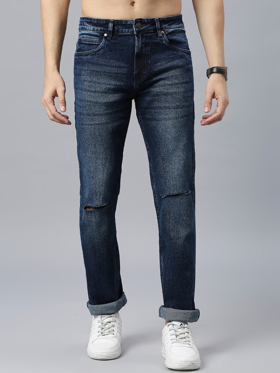 

Thomas Scott Men Mid-Rise Classic Fit Slash Knee Heavy Fade Stretchable Jeans, Blue