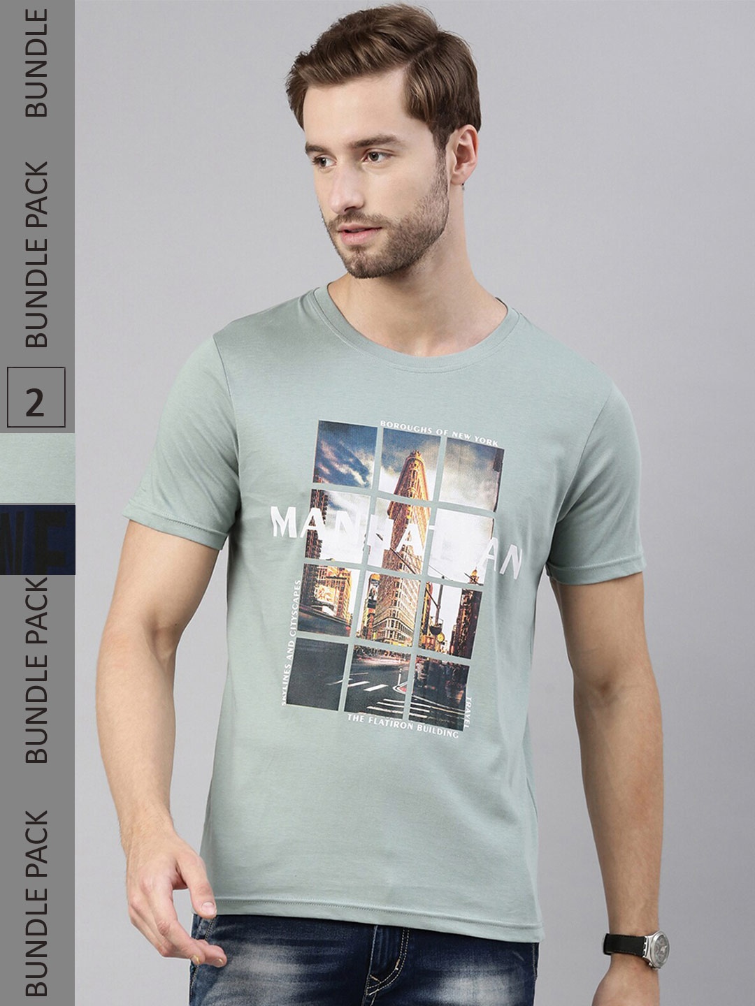 Joven Pack of 2 Printed Pure Cotton Round Neck T-Shirts, Navy blue
