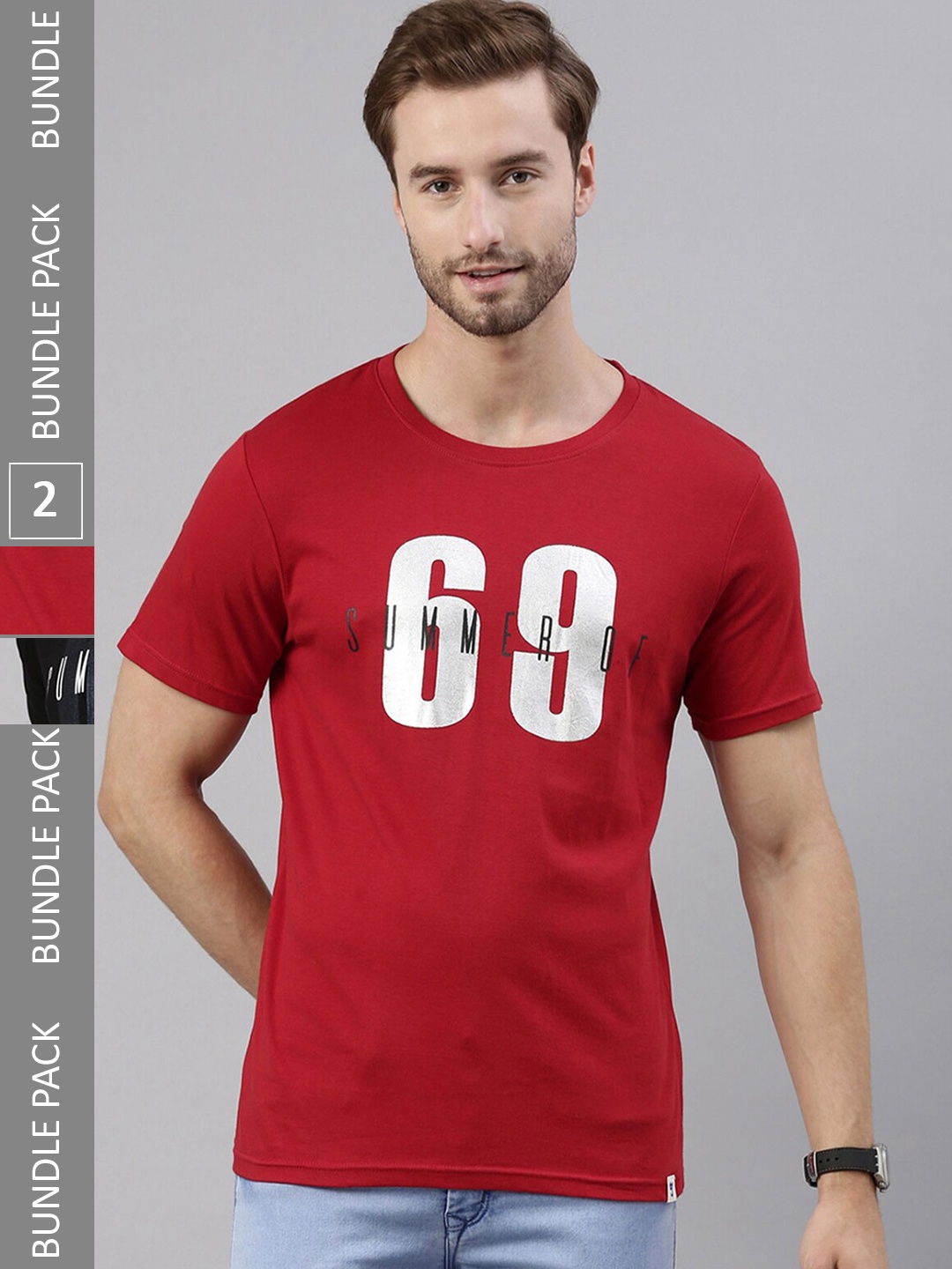 

Joven Pack of 2 Printed Pure Cotton Round Neck T-Shirts, Red