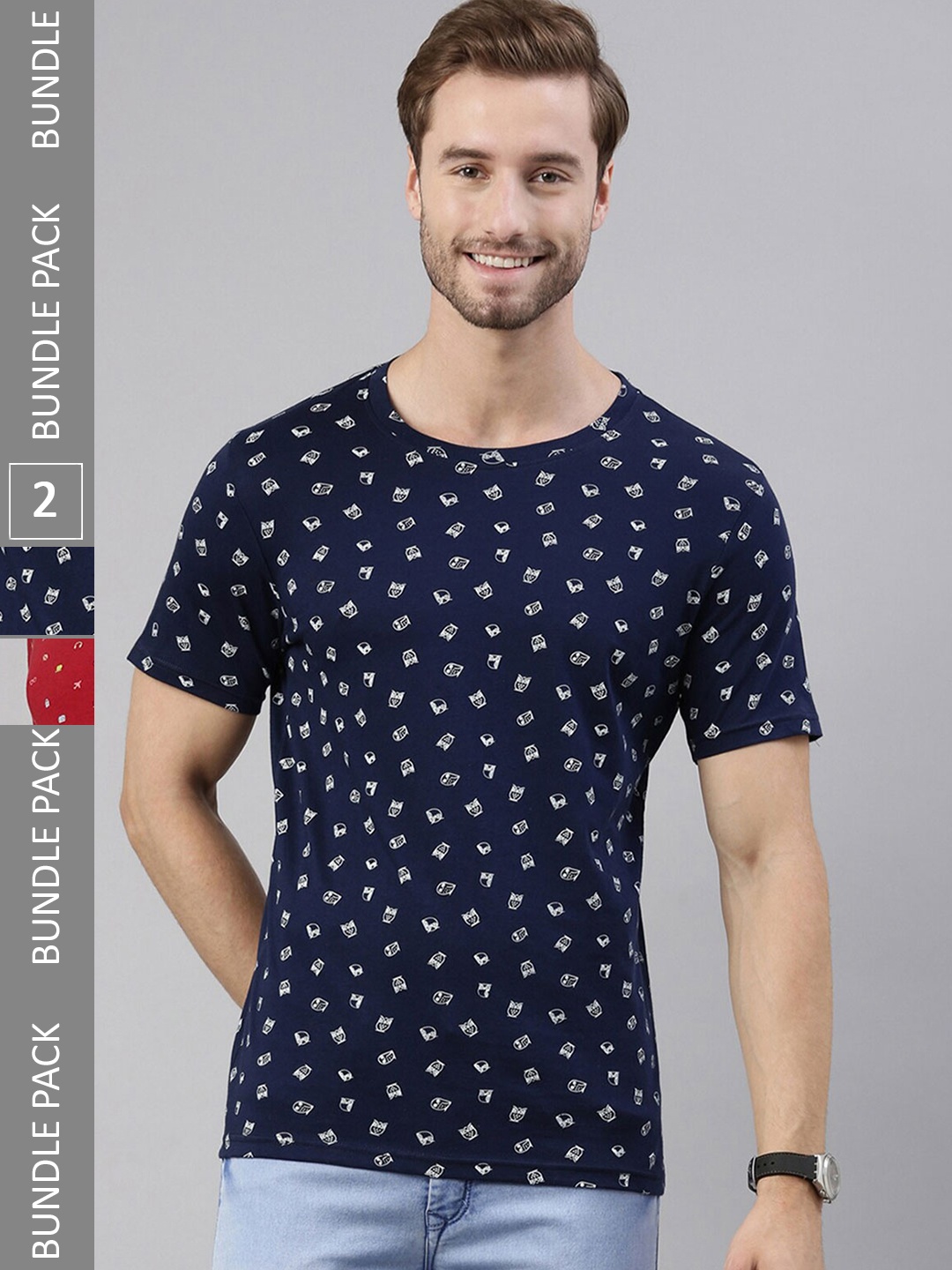 

Joven Pack of 2 Printed Pure Cotton Round Neck T-Shirts, Navy blue