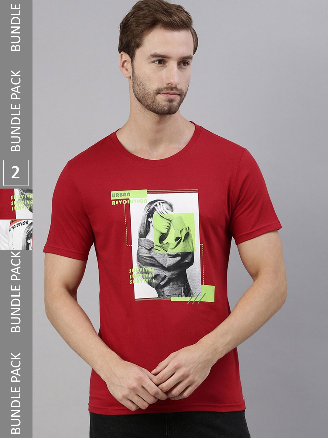 

Joven Pack of 2 Printed Pure Cotton Round Neck T-Shirts, Red