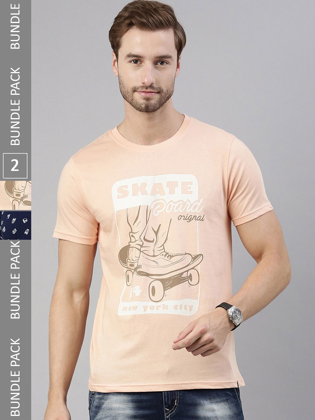 

Joven Men Pack of 2 Printed Pure Cotton T-shirts, Navy blue