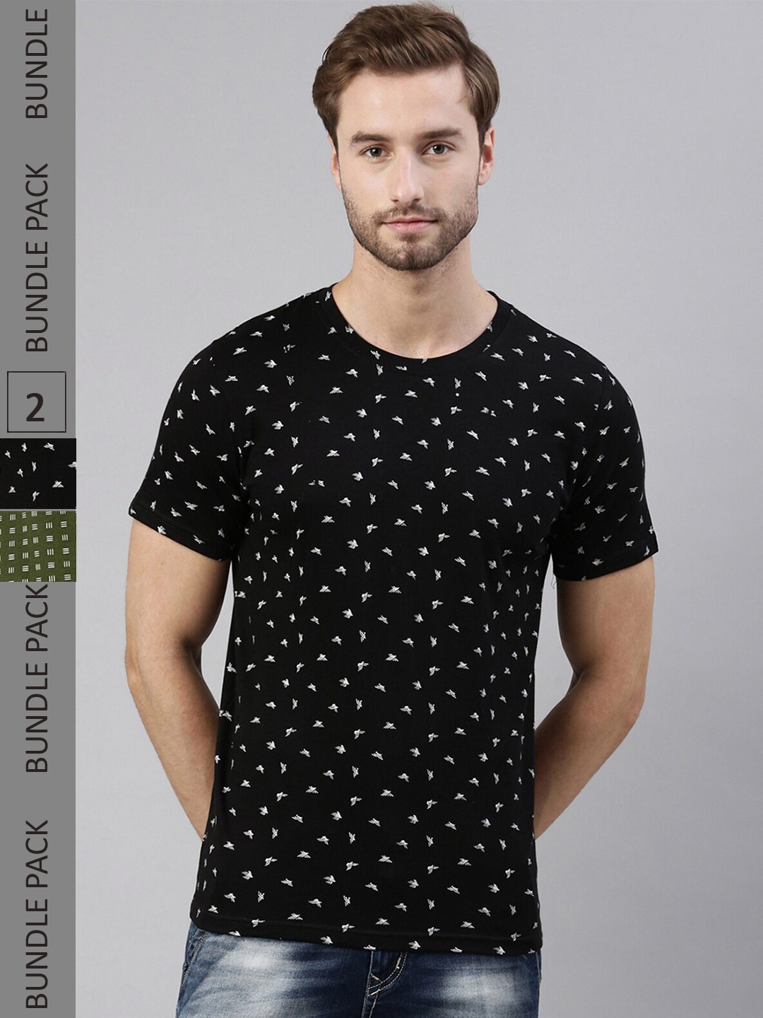 

Joven Men Pack of 2 Printed Pure Cotton T-shirts, Olive
