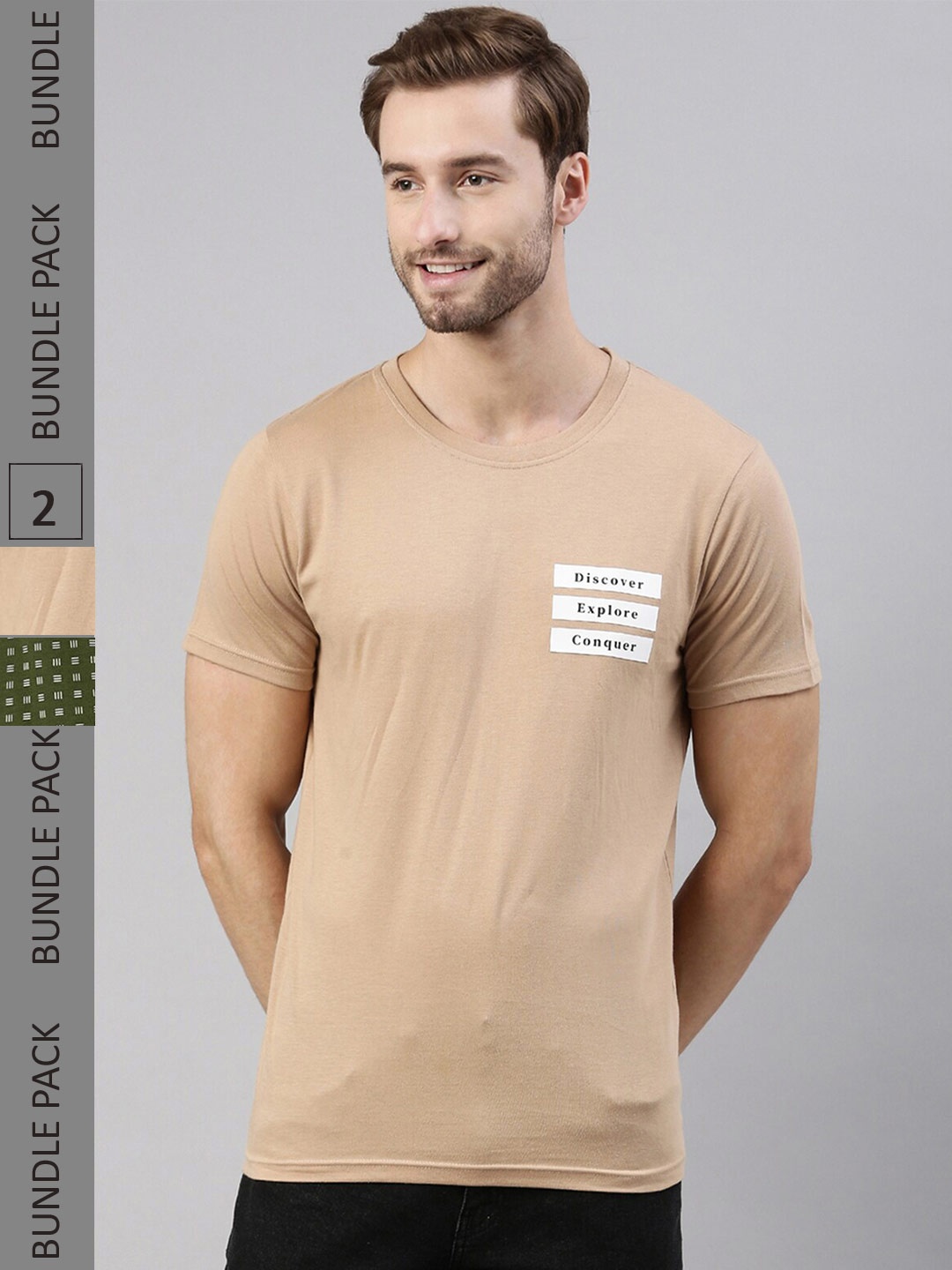 

Joven Pack of 2 Pure Cotton Round Neck T-Shirts, Beige