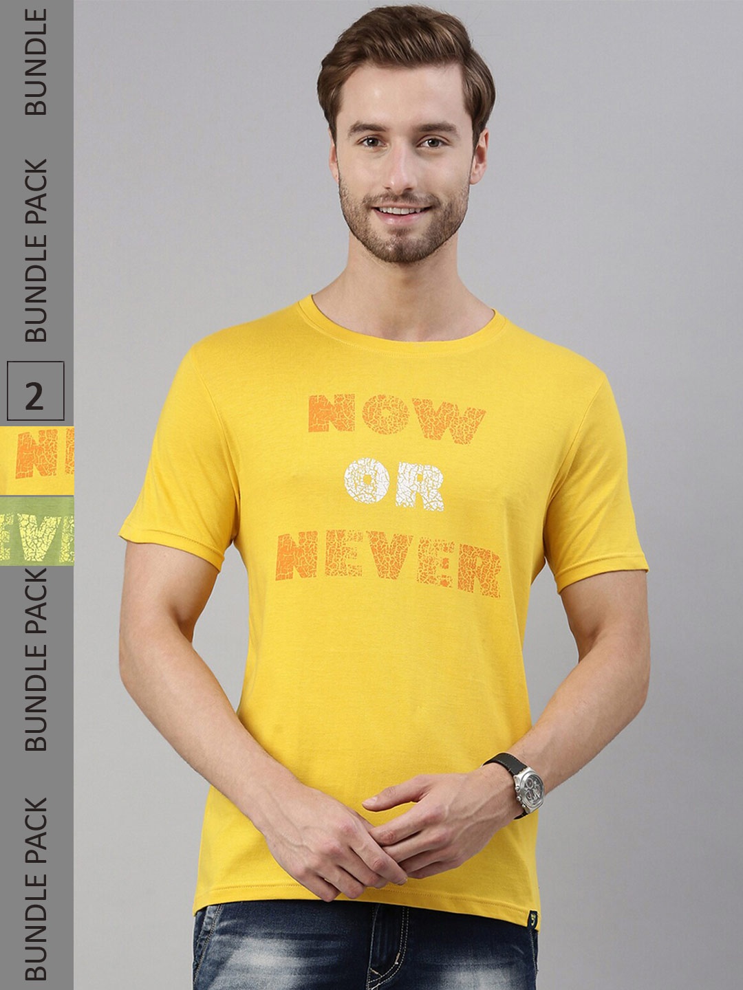 Joven Men Pack of 2 Printed Pure Cotton T-shirts, Yellow