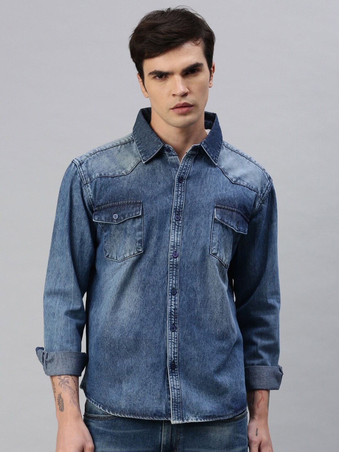 

VOXATI Standard Spread Collar Faded Cotton Denim Casual Shirt, Blue