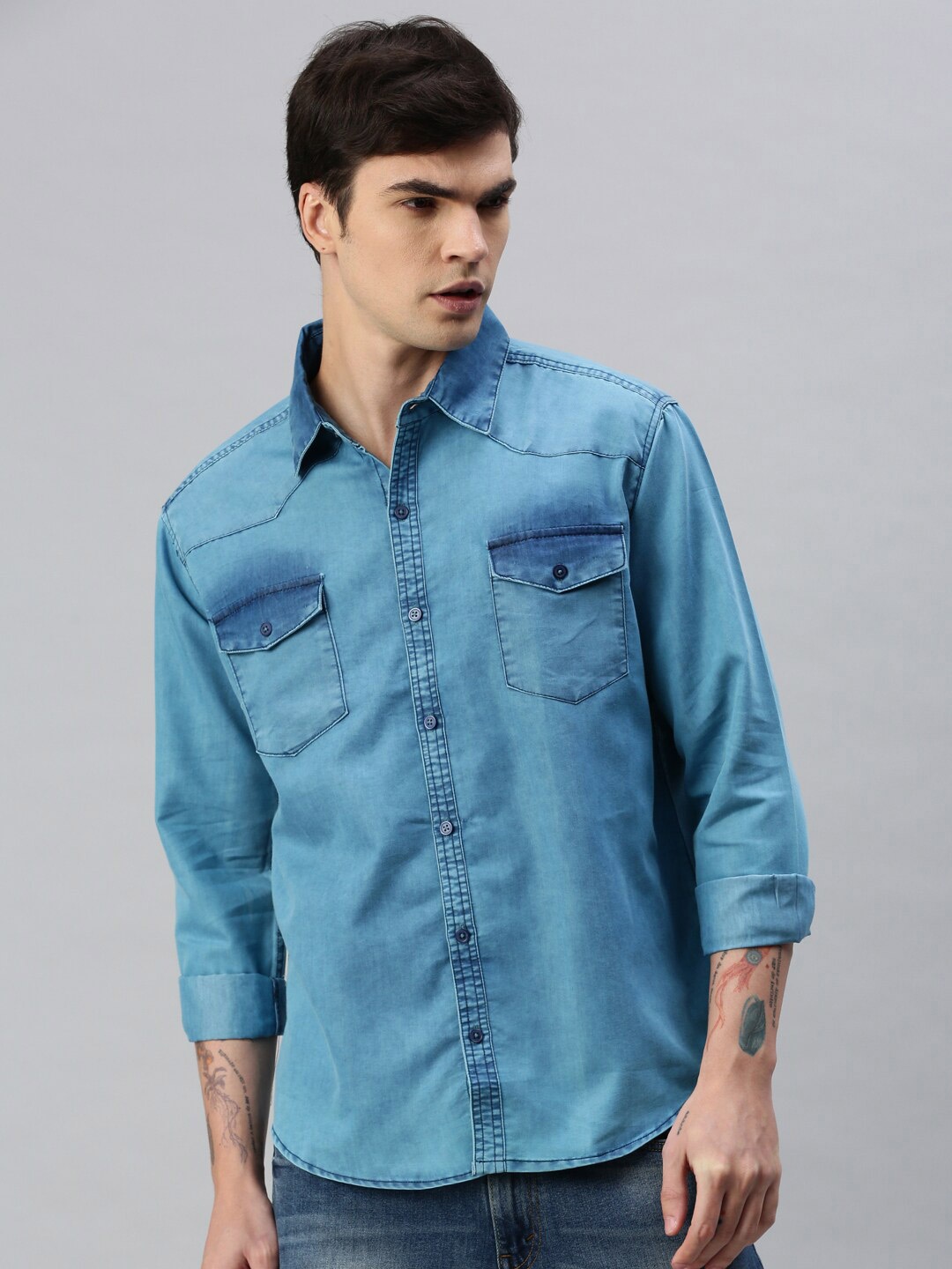 

VOXATI Standard Spread Collar Faded Cotton Denim Casual Shirt, Blue