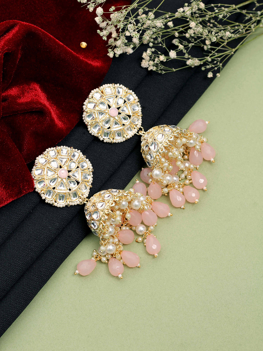 

SAIYONI Gold-Plated Kundan & Pearl Studded Dome Shaped Jhumkas