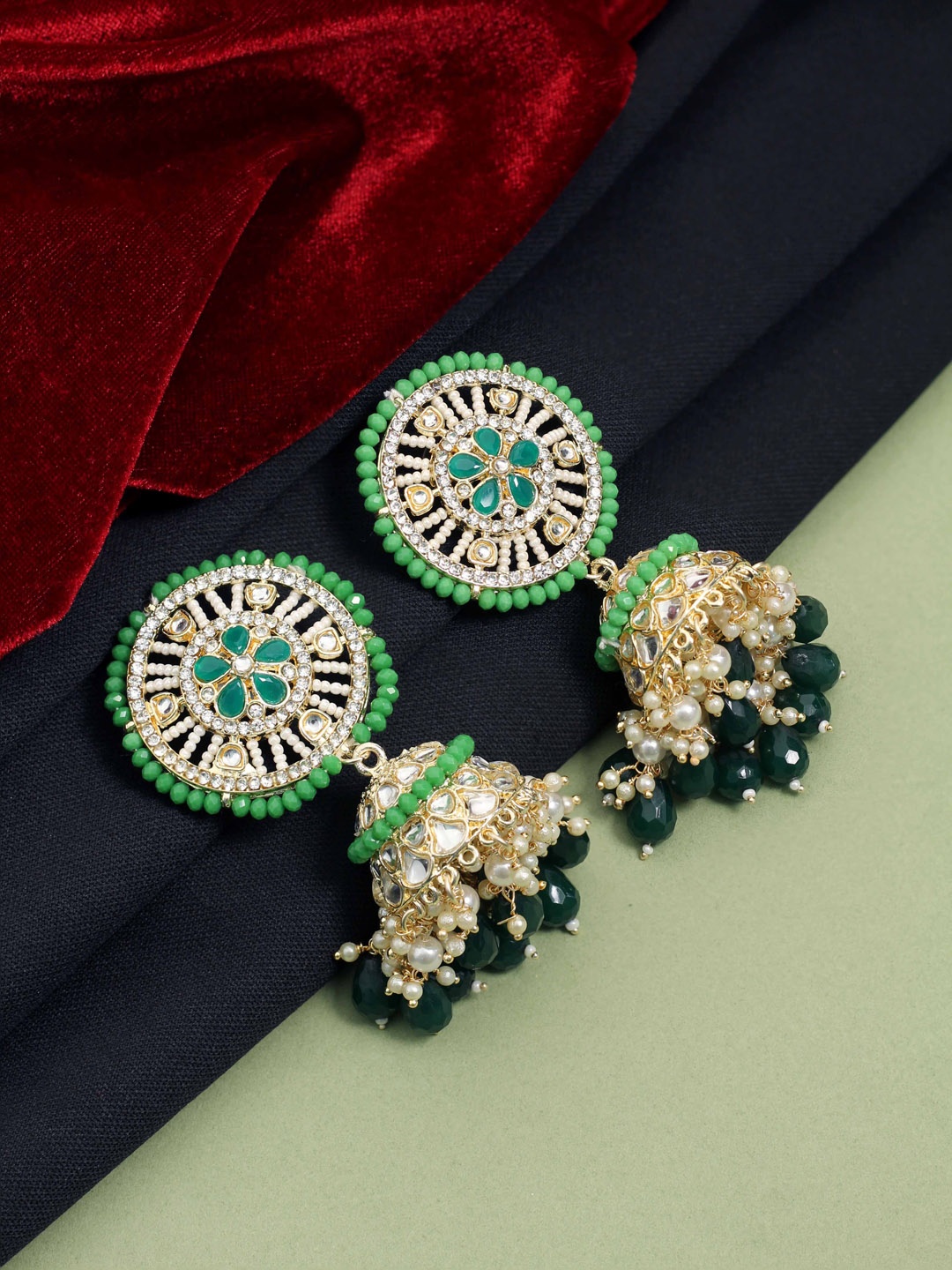 

SAIYONI Gold-Plated Stone-Studded And Beaded Jhumkas