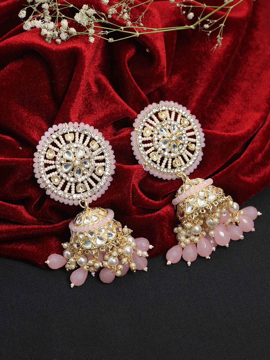 

SAIYONI Gold-Plated Stone-Studded Dome Shaped Jhumkas