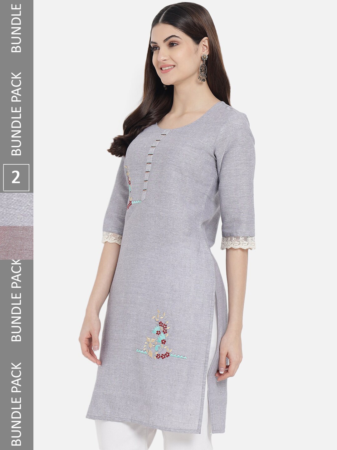 

KALINI Pack Of 2 Floral Embroidered Cotton Straight Kurta, Grey