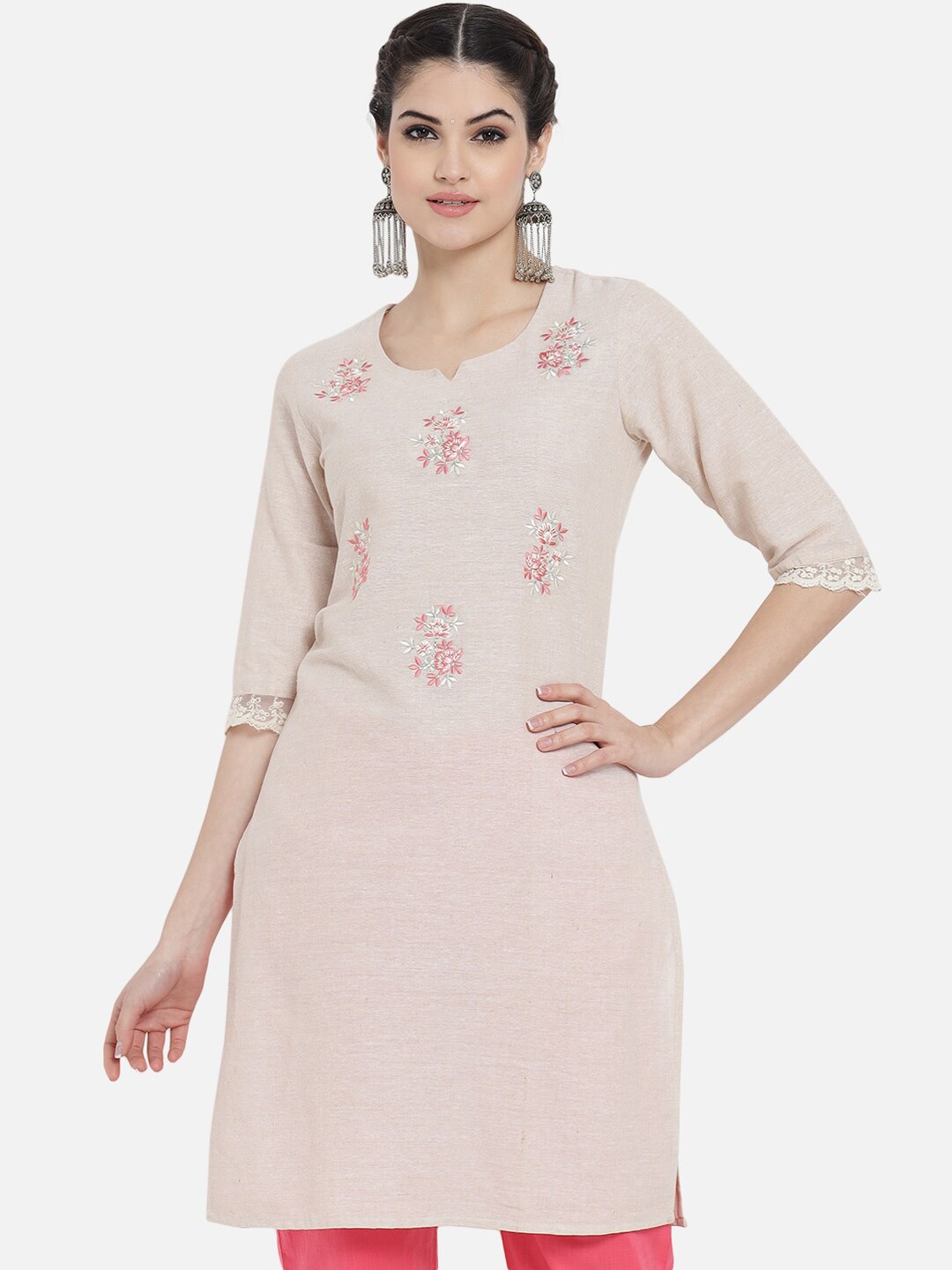 

KALINI Embroidered Scooped Neck Cotton Straight Kurta, Off white