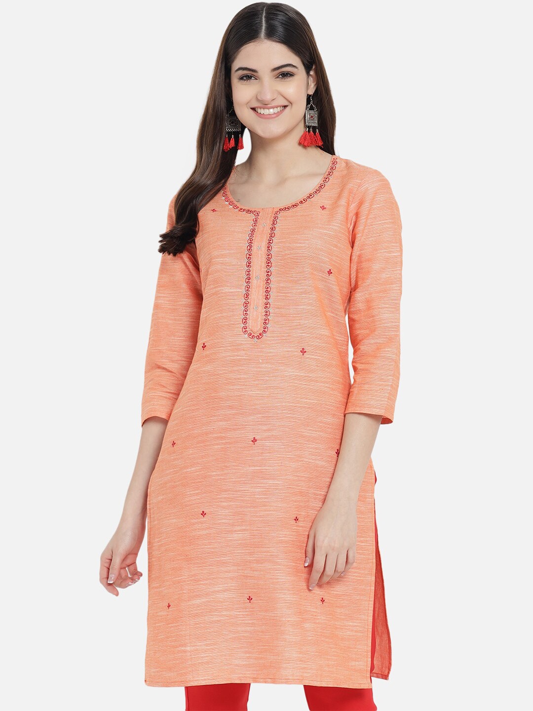 

KALINI Ethnic Motifs Embroidered Round Neck Cotton Kurta, Orange