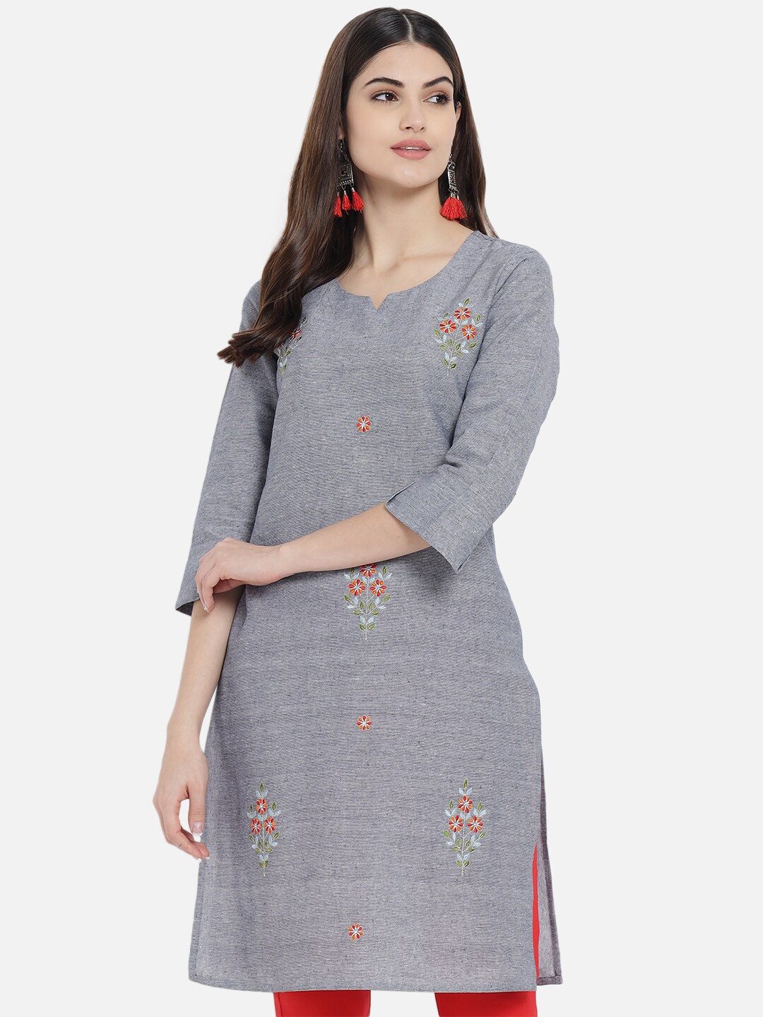 

KALINI Floral Embroidered Round Neck Thread Work Pure Cotton Regular Kurta, Grey