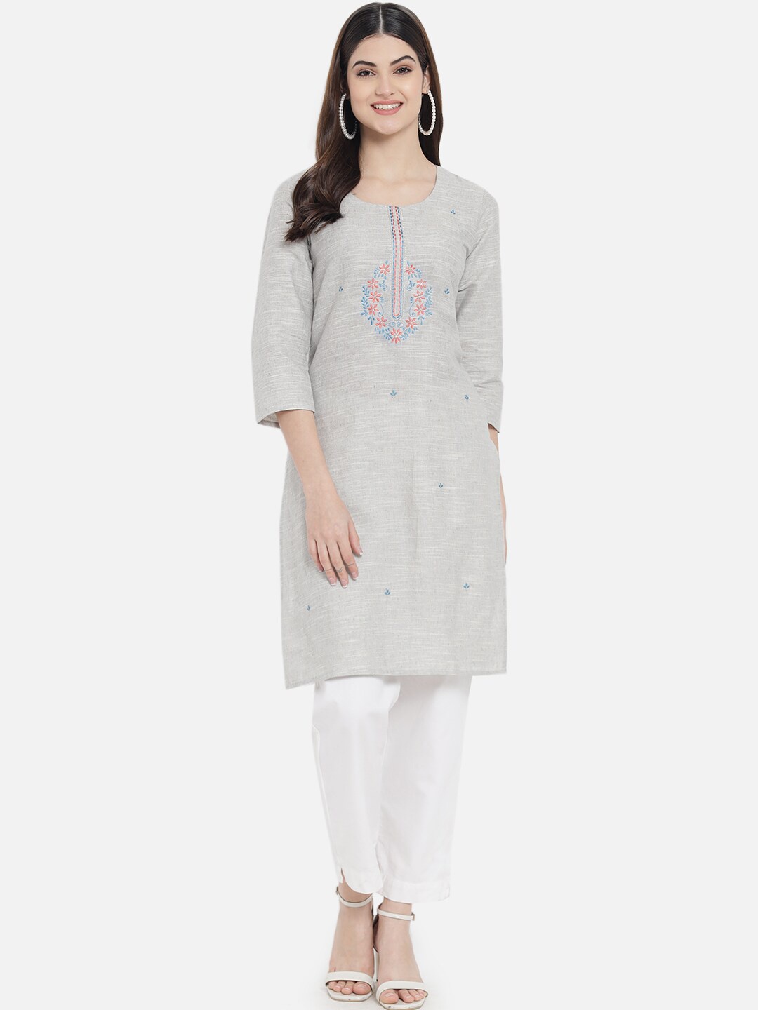

KALINI Floral Embroidered Thread Work Regular Kurta, Off white