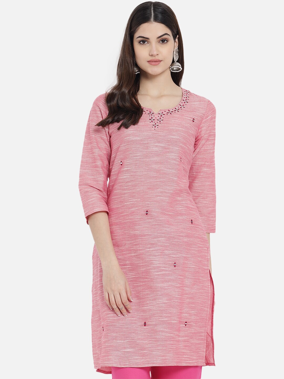 

KALINI Embroidered Scooped Neck Cotton Straight Kurta, Pink