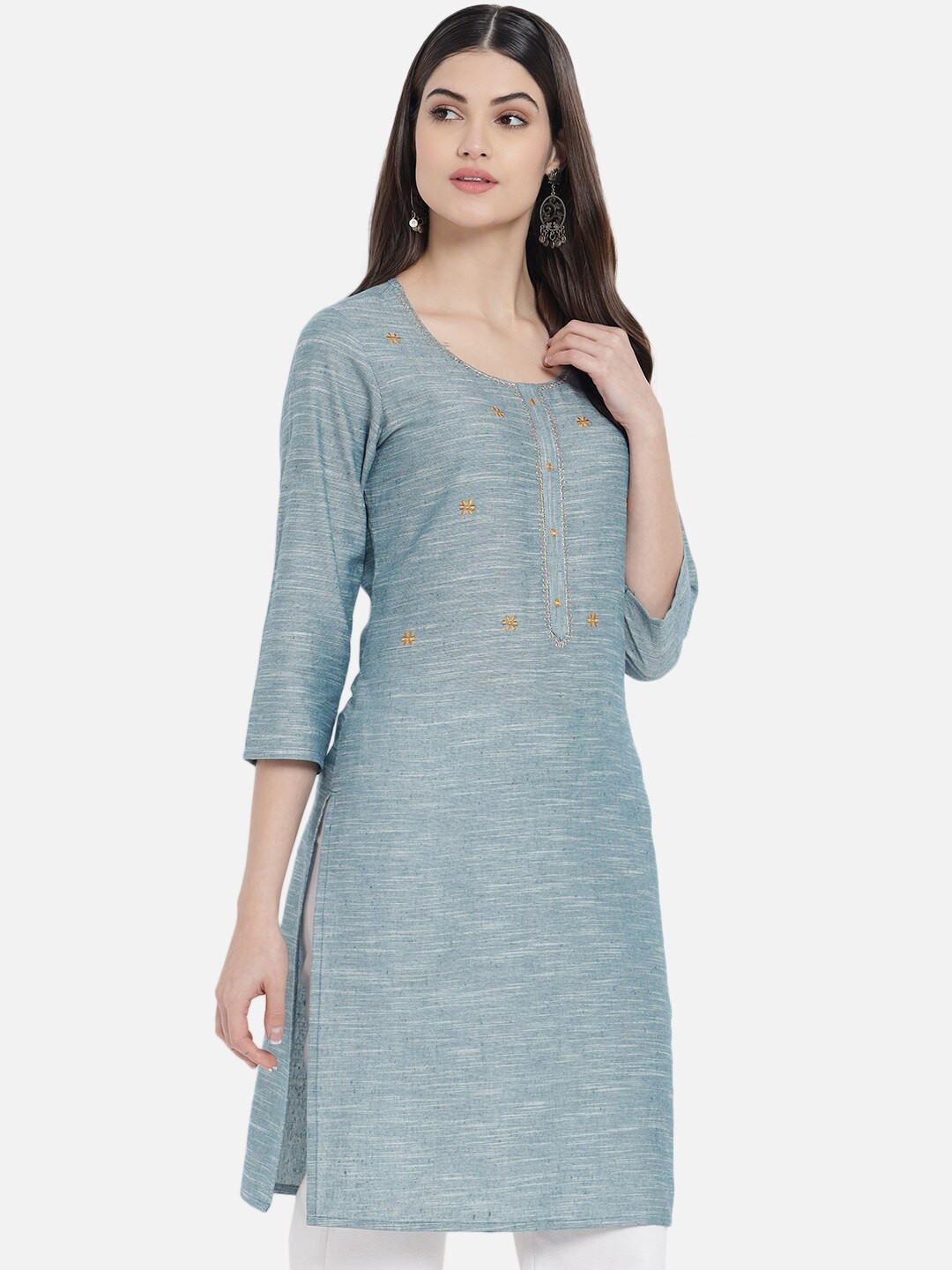 

KALINI Floral Embroidered Round Neck Thread Work Pure Cotton Regular Kurta, Grey