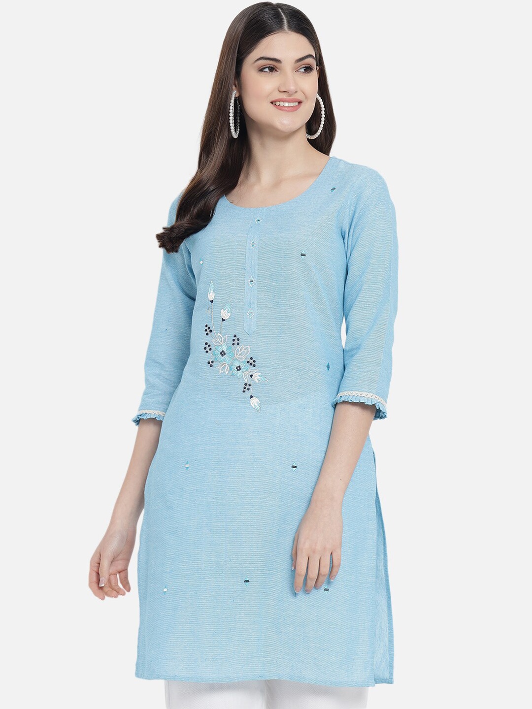 

KALINI Embroidered Scooped Neck Cotton Straight Kurta, Blue