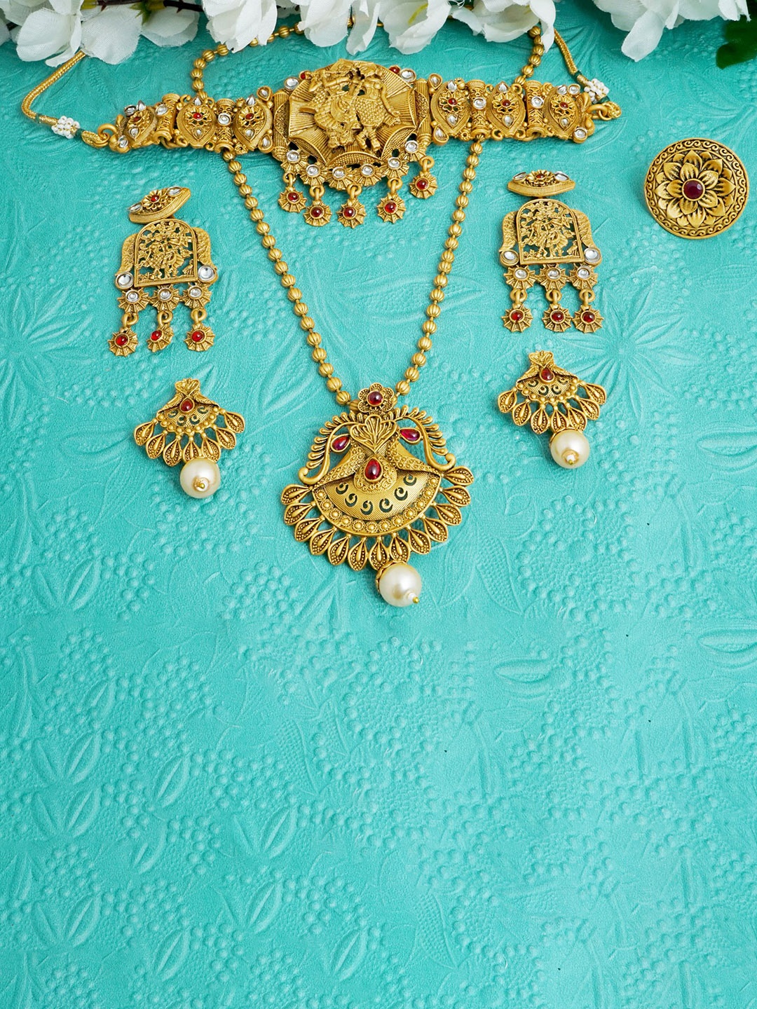 

MANSIYAORANGE Set Of 2 Gold-Plated Stone-Studded & Beaded Temple Jewellery Set