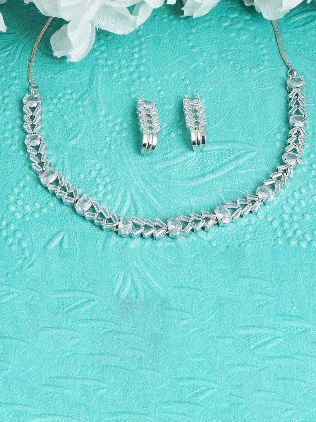 

MANSIYAORANGE Rhodium-Plated AD Studded Jewellery Set, Silver