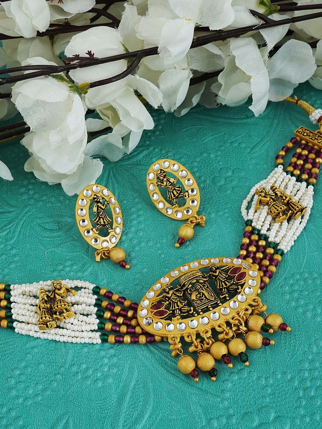 

MANSIYAORANGE Gold-Plated Stone-Studded & Beaded Temple Jewellery Set