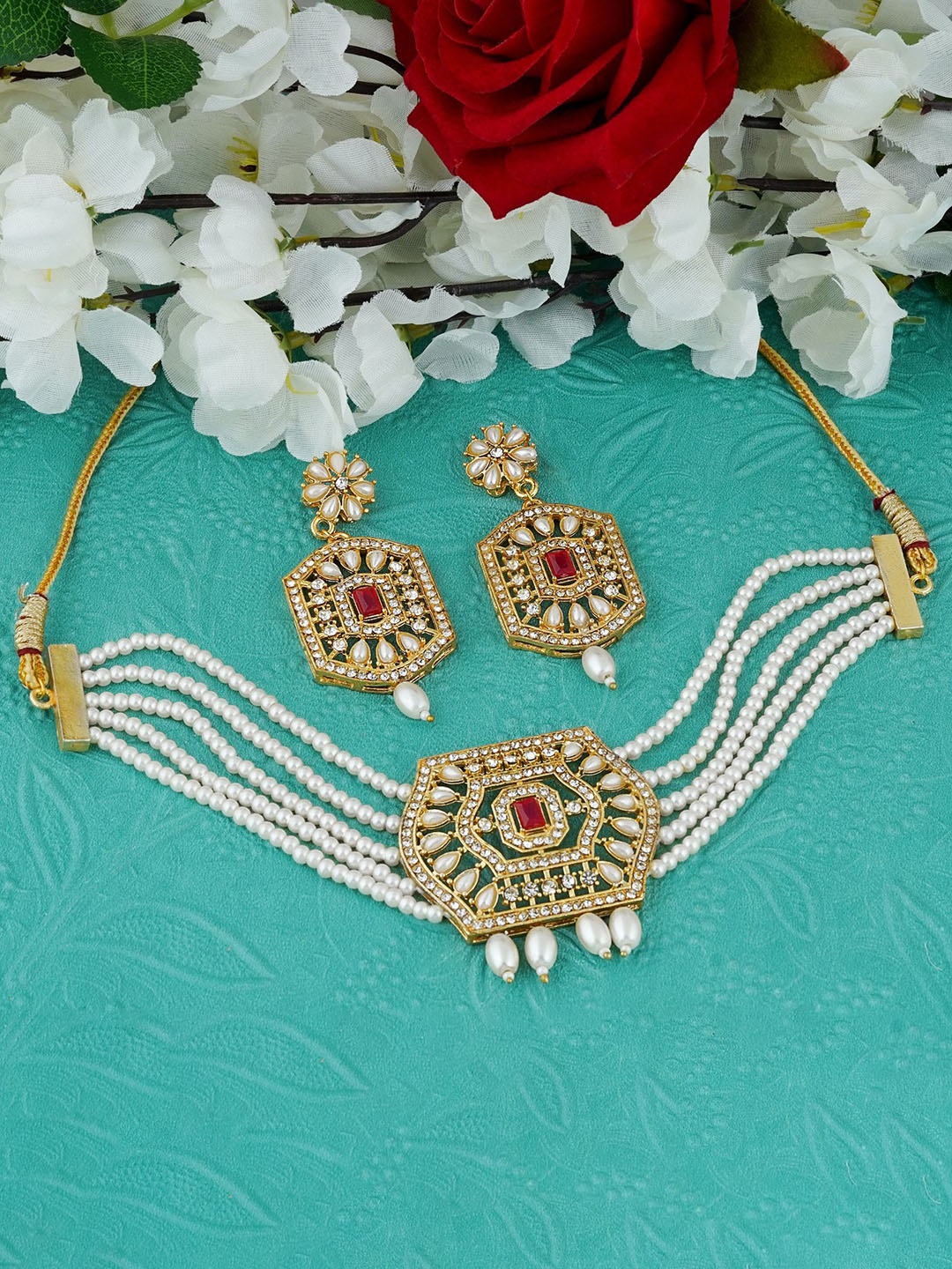 

MANSIYAORANGE Gold-Plated Stone-Studded & Beaded Jewellery Set