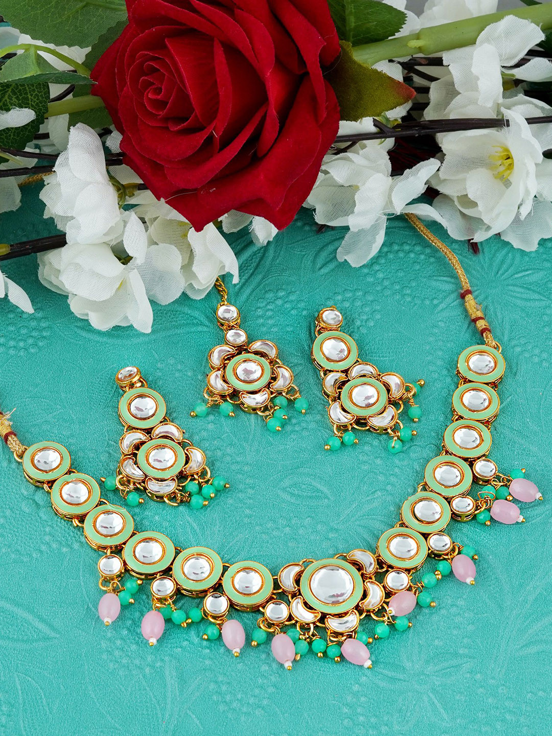 

MANSIYAORANGE Gold-Plated AD Kundan Stone Studded & Beaded Jewellery Set