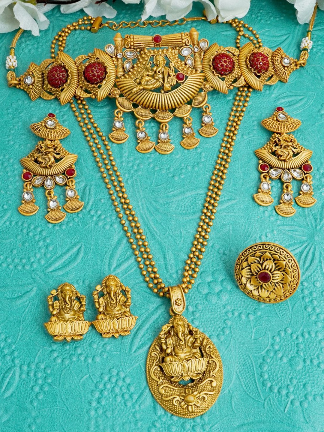 

MANSIYAORANGE Set Of 2 Gold-Plated Stone-Studded Jewellery Set