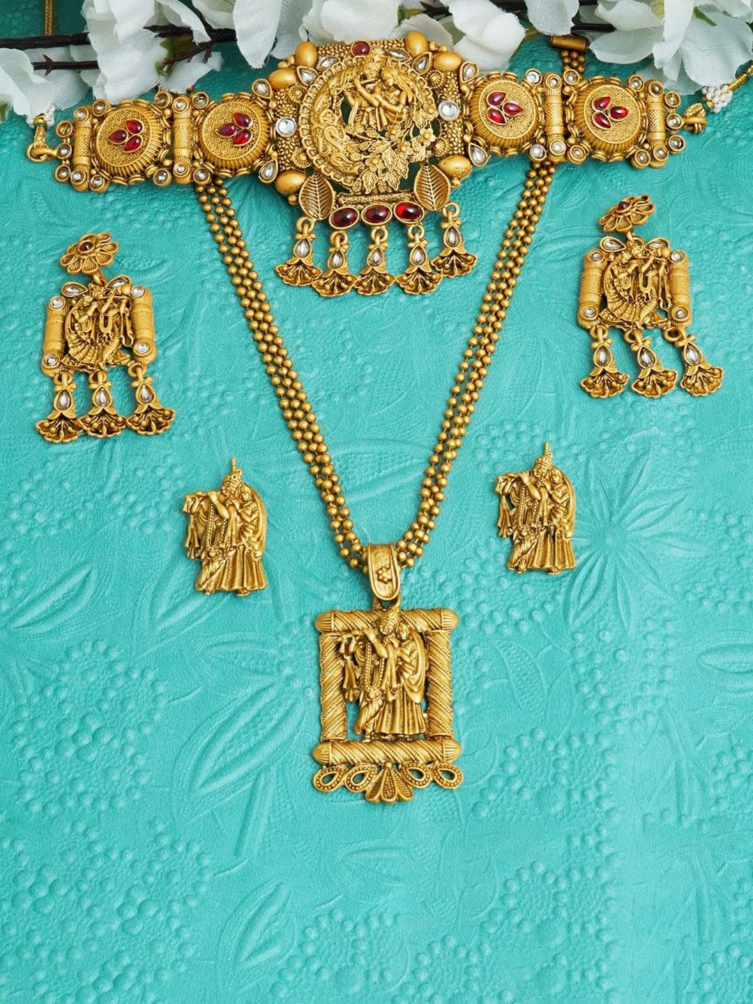

MANSIYAORANGE Set Of 2 Gold-Plated Stone-Studded & Beaded Necklace & Earrings