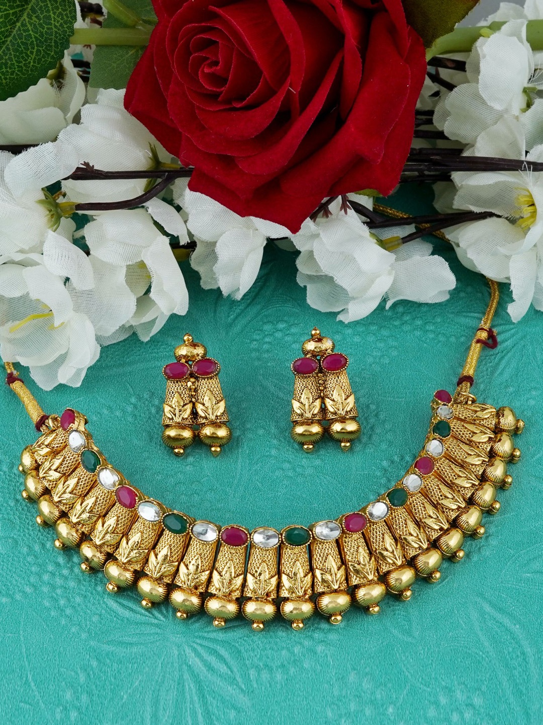 

MANSIYAORANGE Gold-Plated Stone Studded Necklace & Earrings