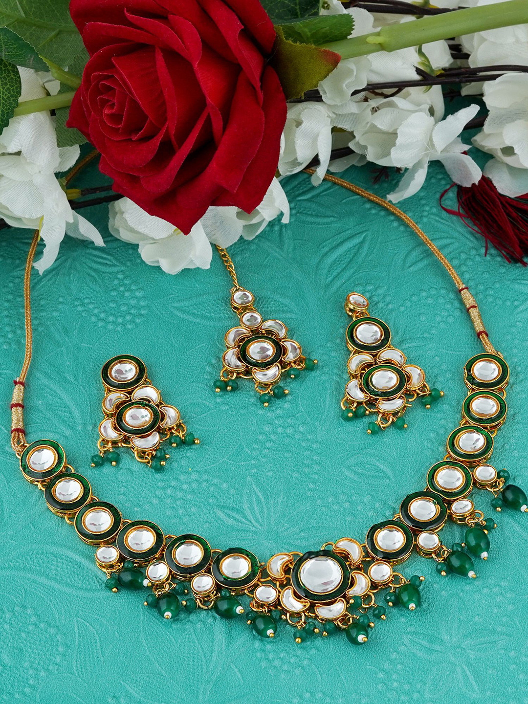 

MANSIYAORANGE Gold-Plated Kundan-Studded & Beaded Necklace & Earrings With Maang Tika