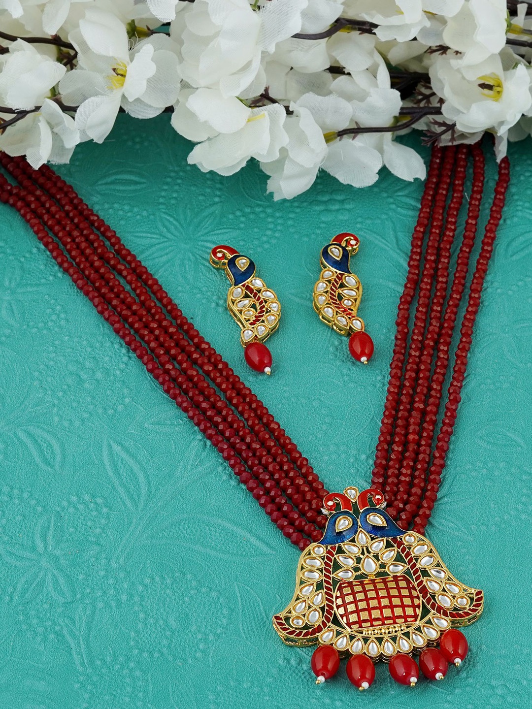 

MANSIYAORANGE Gold-Plated Stone-Studded & Pearl-Beaded Jewellery Set