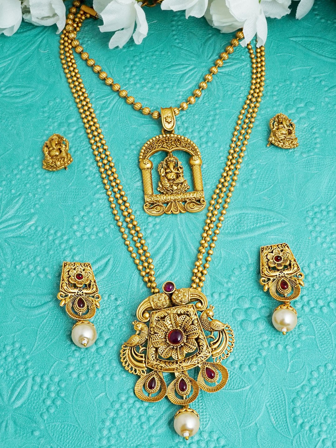 

MANSIYAORANGE Set Of 2 Gold-Plated Stones Studded & Beaded Antique Jewellery Set