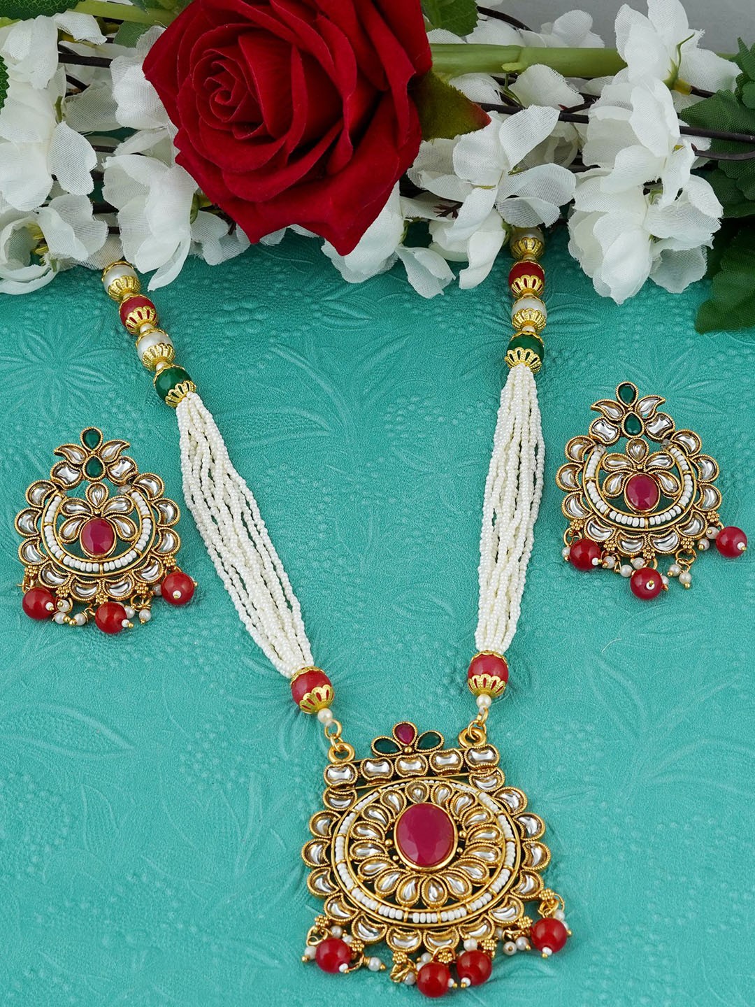 

MANSIYAORANGE Gold-Plated Stone-Studded & Beaded Jewellery Set