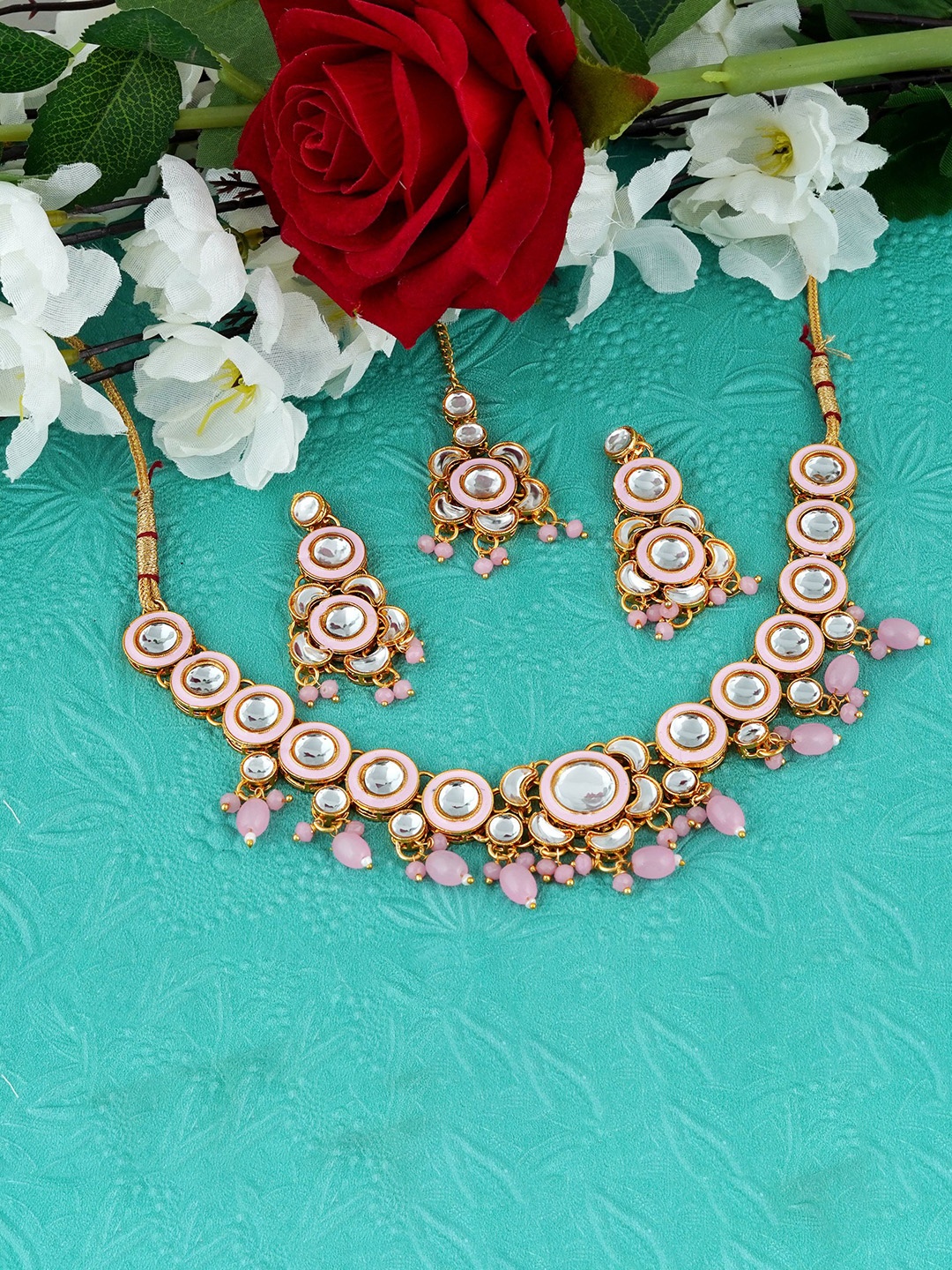 

MANSIYAORANGE Gold-Plated Stone-Studded & Beaded Jewellery Set With Maang Tikka