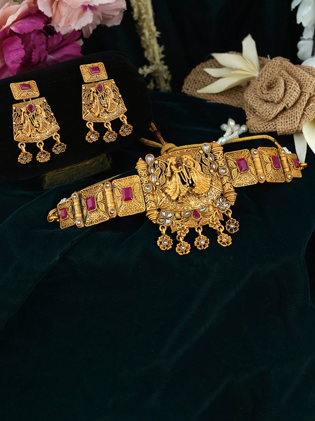 

MANSIYAORANGE Set Of 2 Gold-Plated Stone-Studded & Beaded Temple Jewellery Set