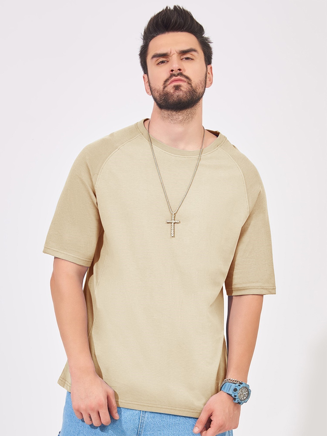 

Maniac Round Neck Raglan Sleeve Oversized Cotton T-shirt, Beige