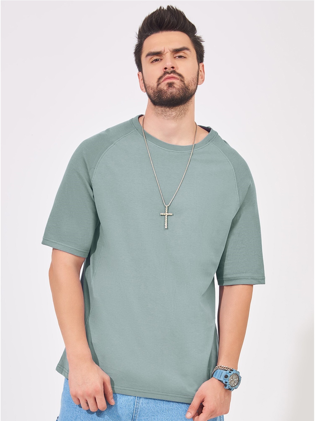 

Maniac Round Neck Raglan Sleeve Oversized Cotton T-shirt, Green