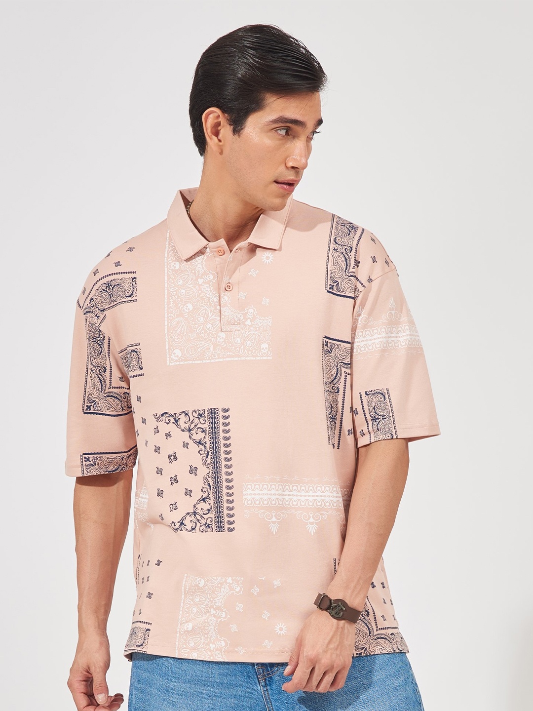 

Maniac Ethnic Printed Polo Collar Cotton T-shirt, Pink