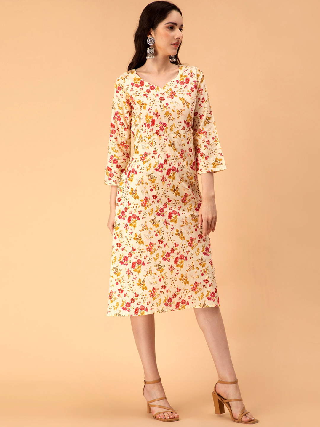 

Fabclub Floral Printed A-Line Midi Cotton Ethnic Dress, Off white