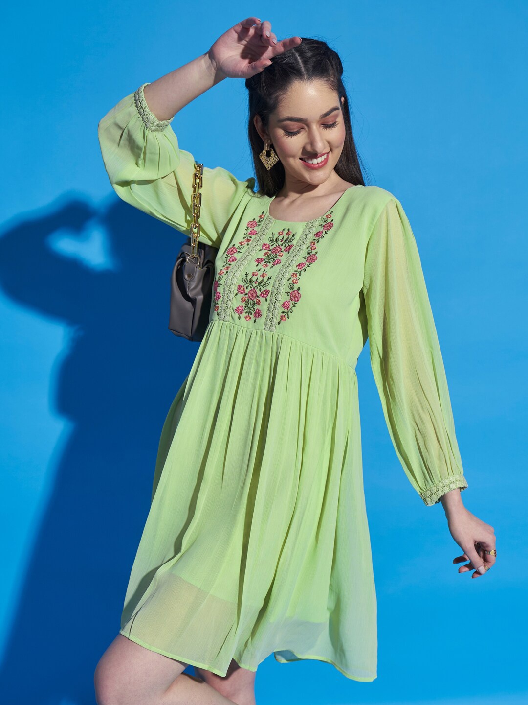 

DressBerry Green Embroidered Cuffed Sleeves Fit & Flare Ethnic Dress