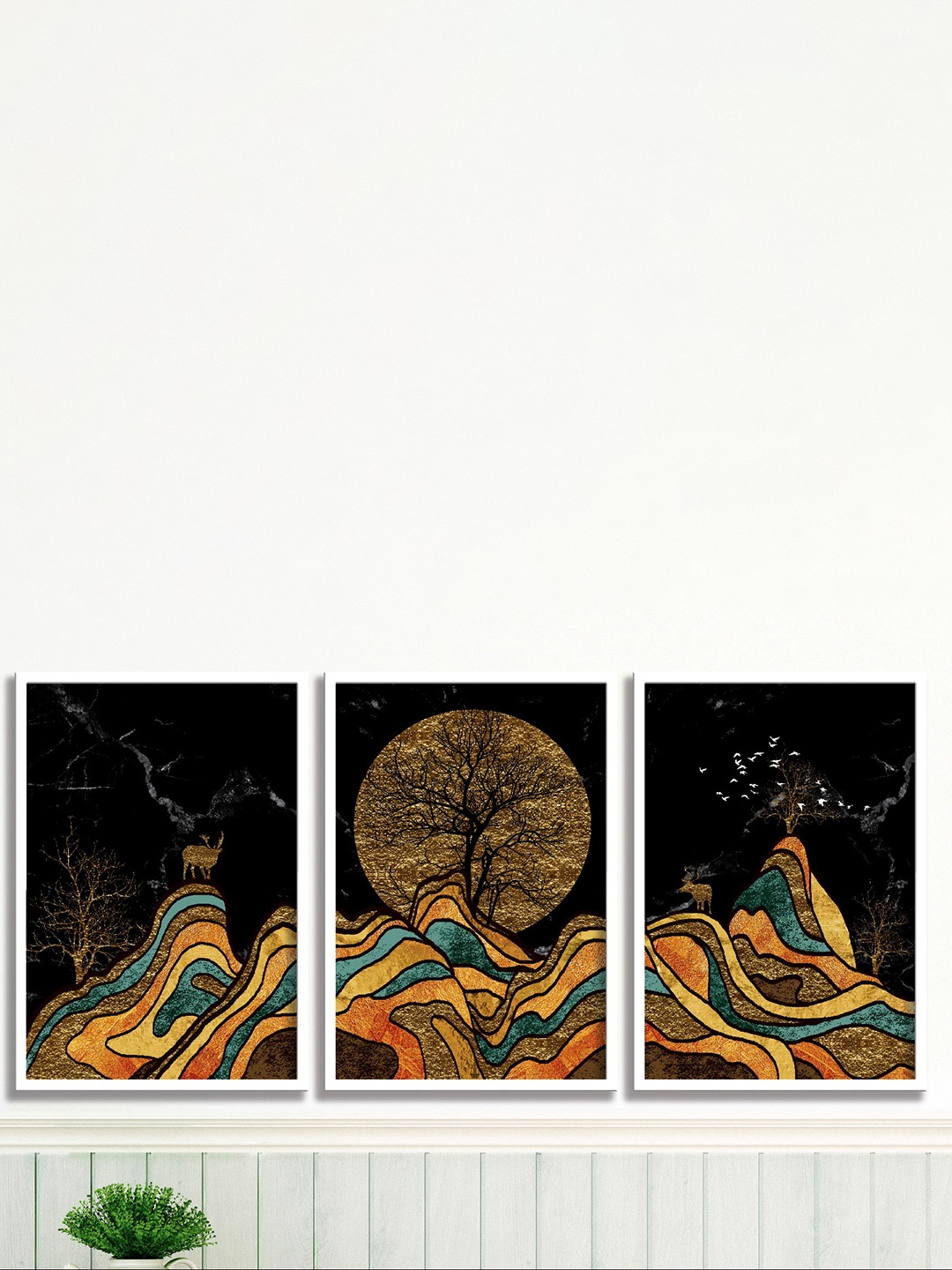 

SAF 3-Pcs Black & Orange Nature Art Painting Framed Wall Art
