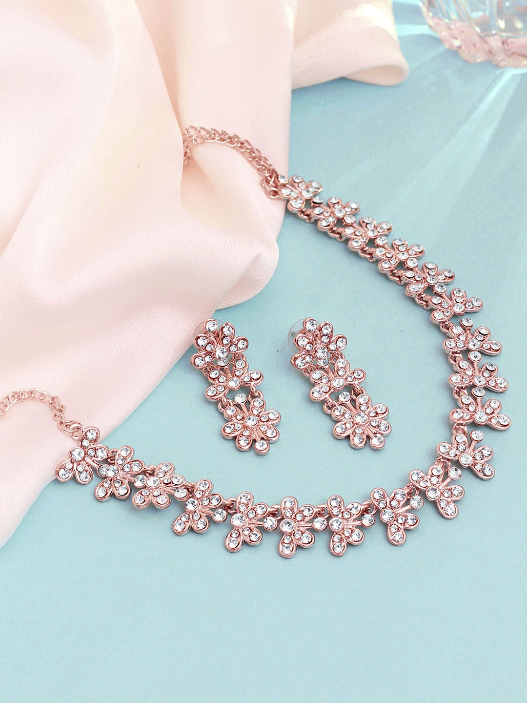 

SAIYONI Rose Gold-Plated AD-Studded & Beaded Necklace & Earrings