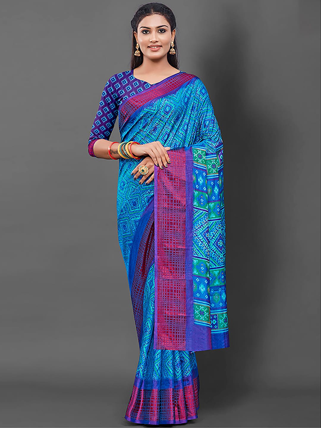 

Mitera Blue & Pink Ethnic Motifs Printed Bagru Saree