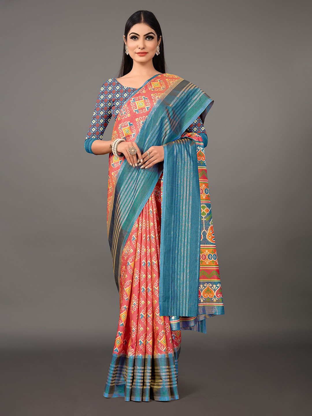 

Mitera Pink & Blue Ethnic Motifs Printed Silk Blend Bagru Saree