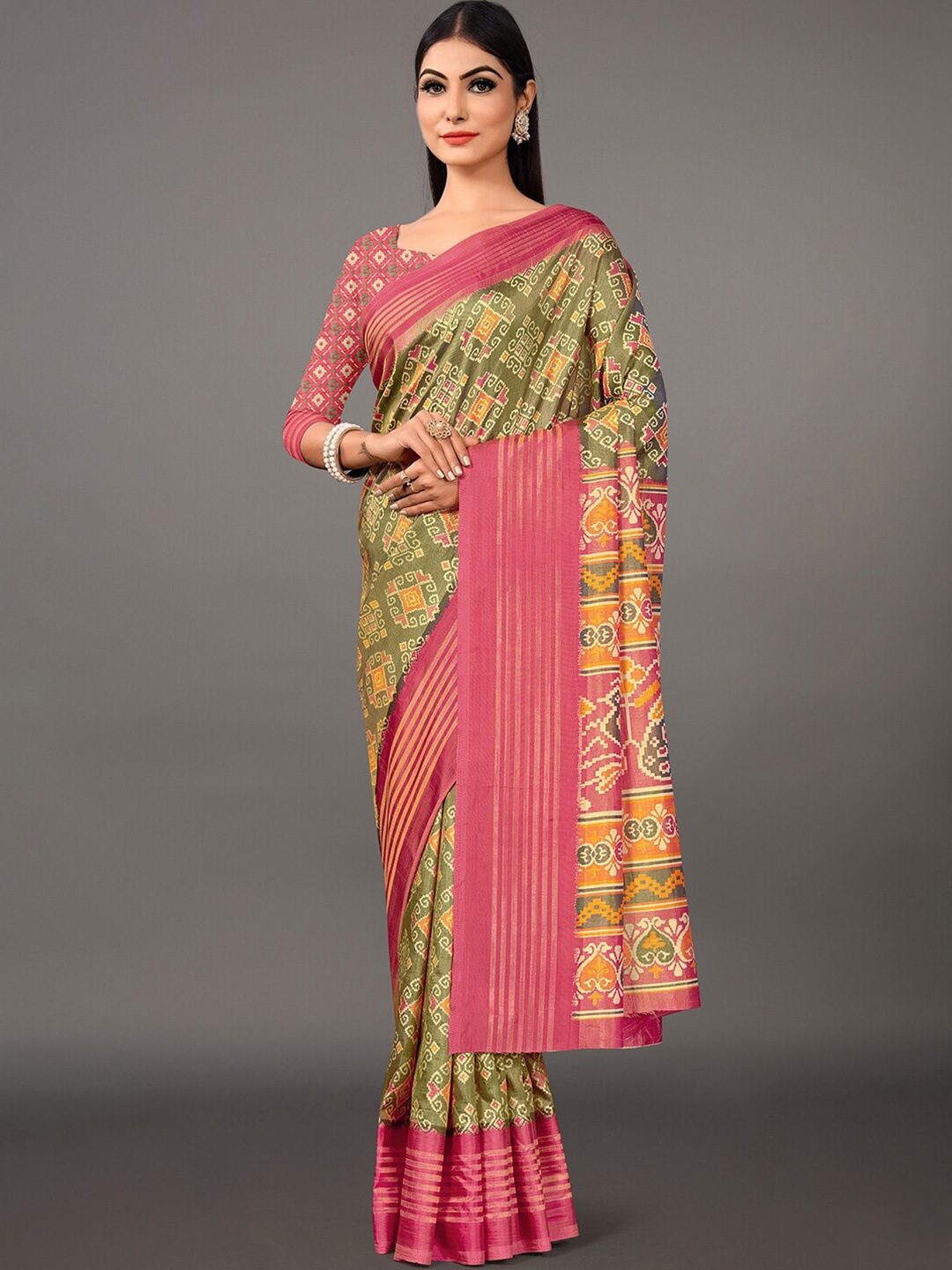 

Mitera Olive Green & Pink Ethnic Motifs Printed Bagru Saree